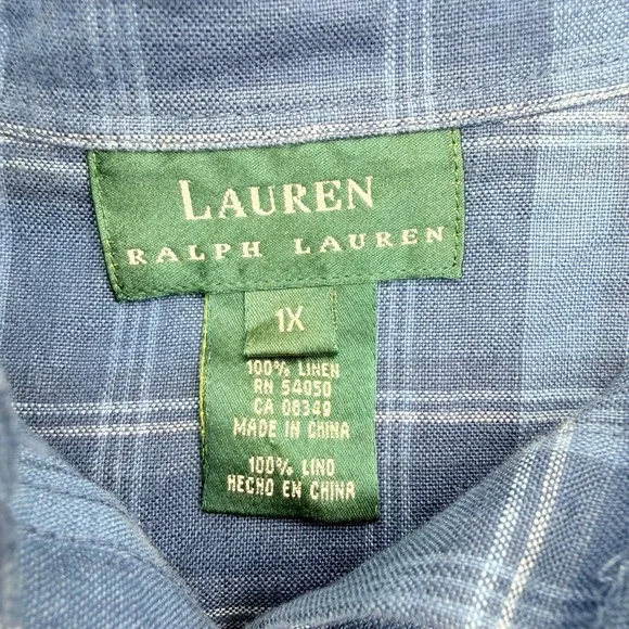 Lauren Ralph Lauren Womens 1X Blue Plaid 100% Linen Button Down Shirt Roll Tab - Picture 3 of 5